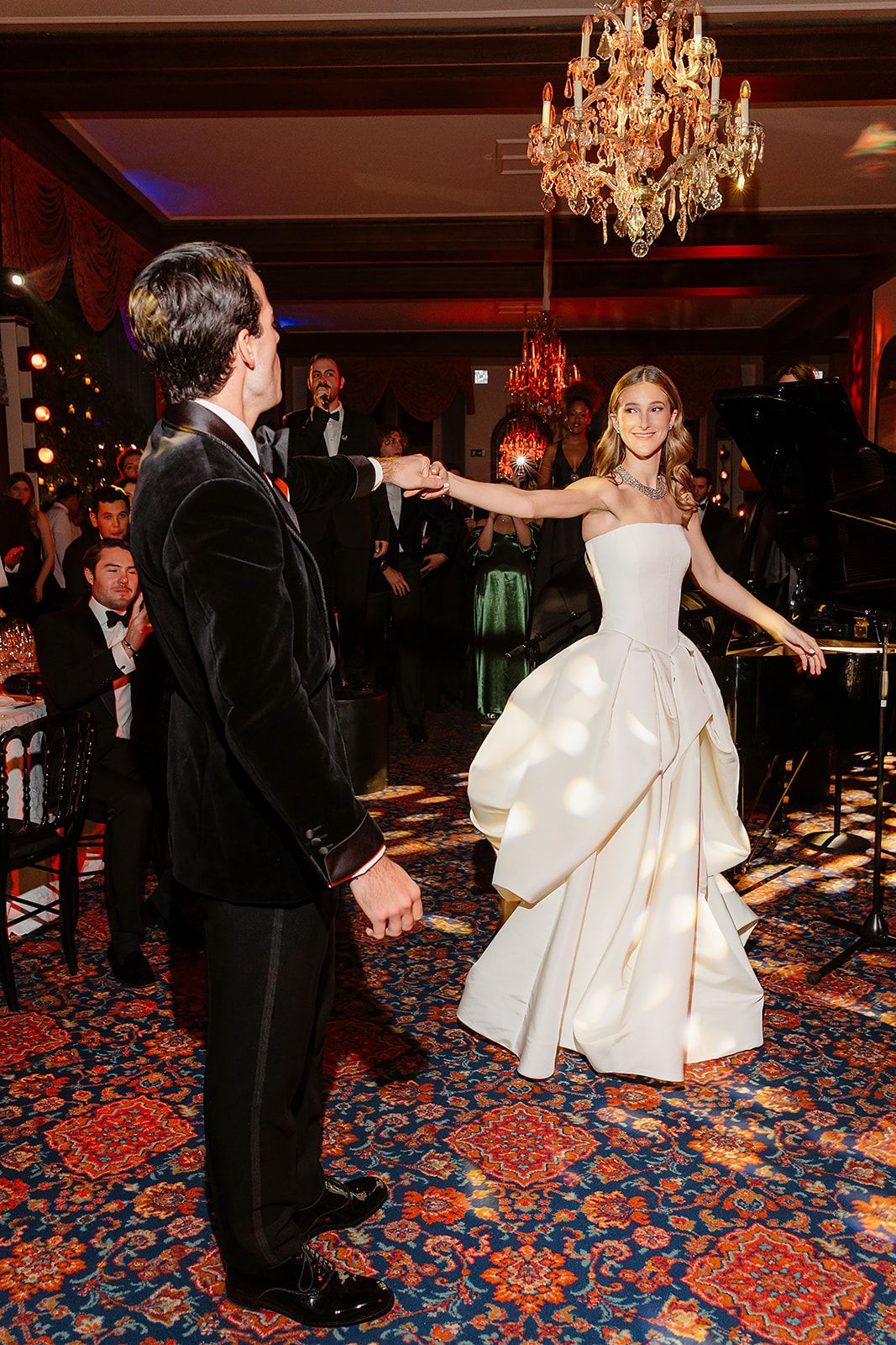 Bride and groom dancing at the old world winter wedding in Saint Moritz