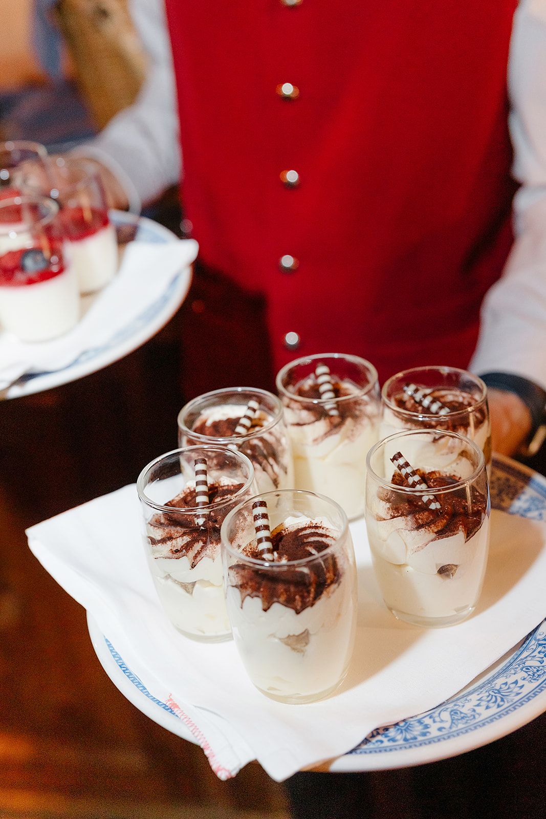 Dessert at the rehearsal dinner of old world winter wedding in Saint Moritz