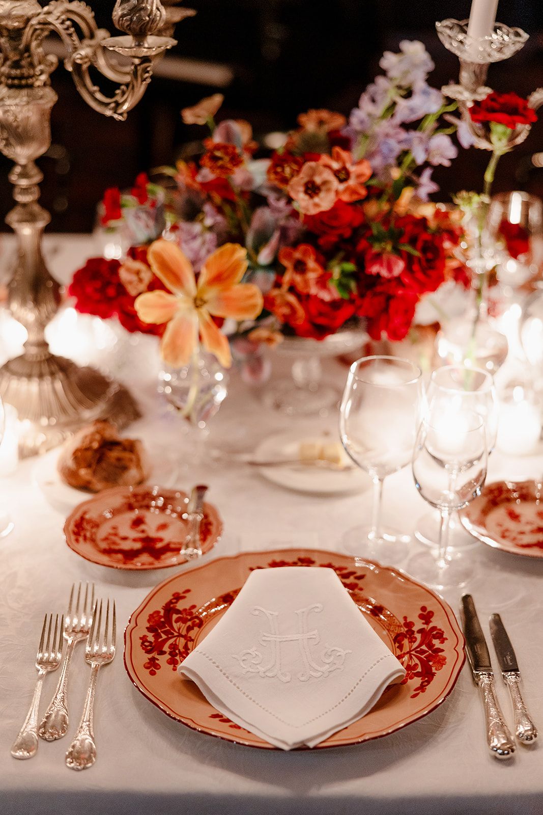 Hand made napkins at the welcome dinner of old world winter wedding in Saint Moritz