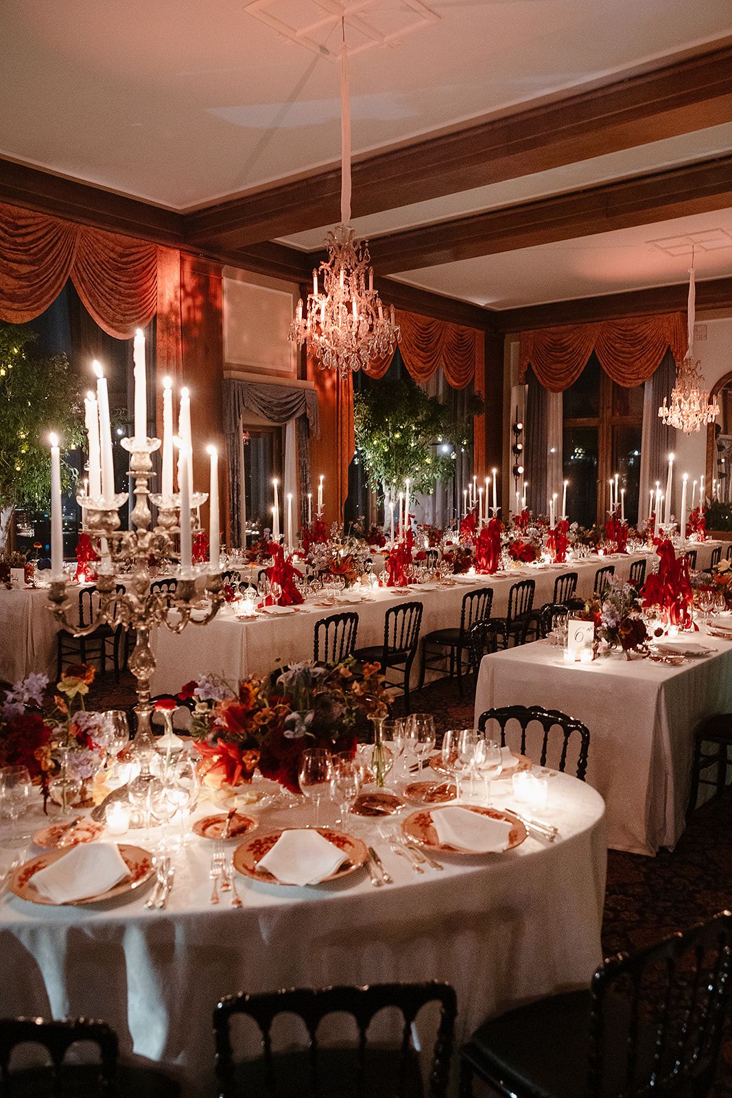 Rectangular and oval table at the old world winter wedding in Saint Moritz