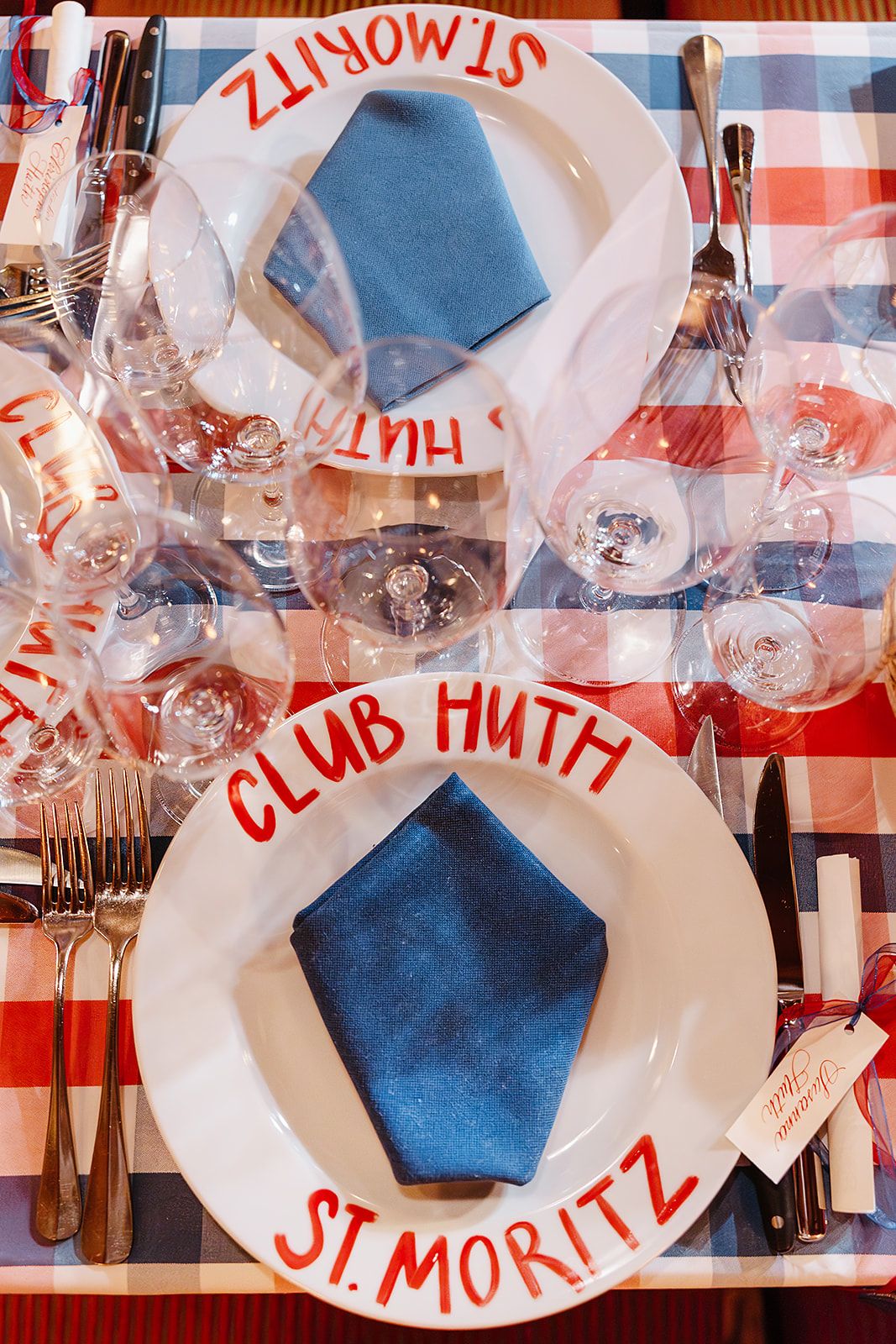 Table set up at the rehearsal dinner of old world winter wedding in Saint Moritz