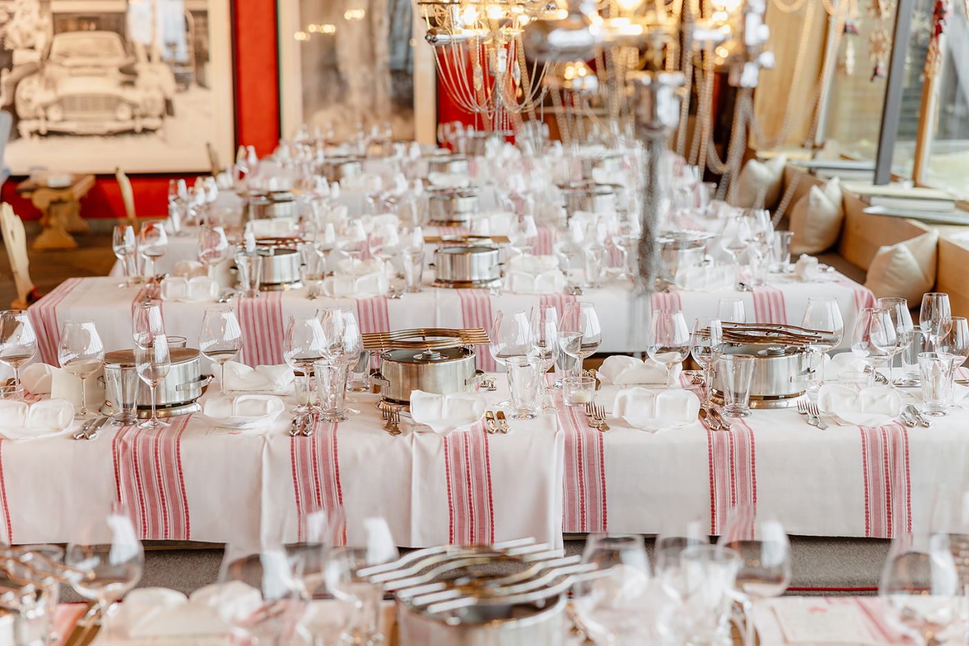 Tables at the welcome dinner of old world winter wedding in Saint Moritz