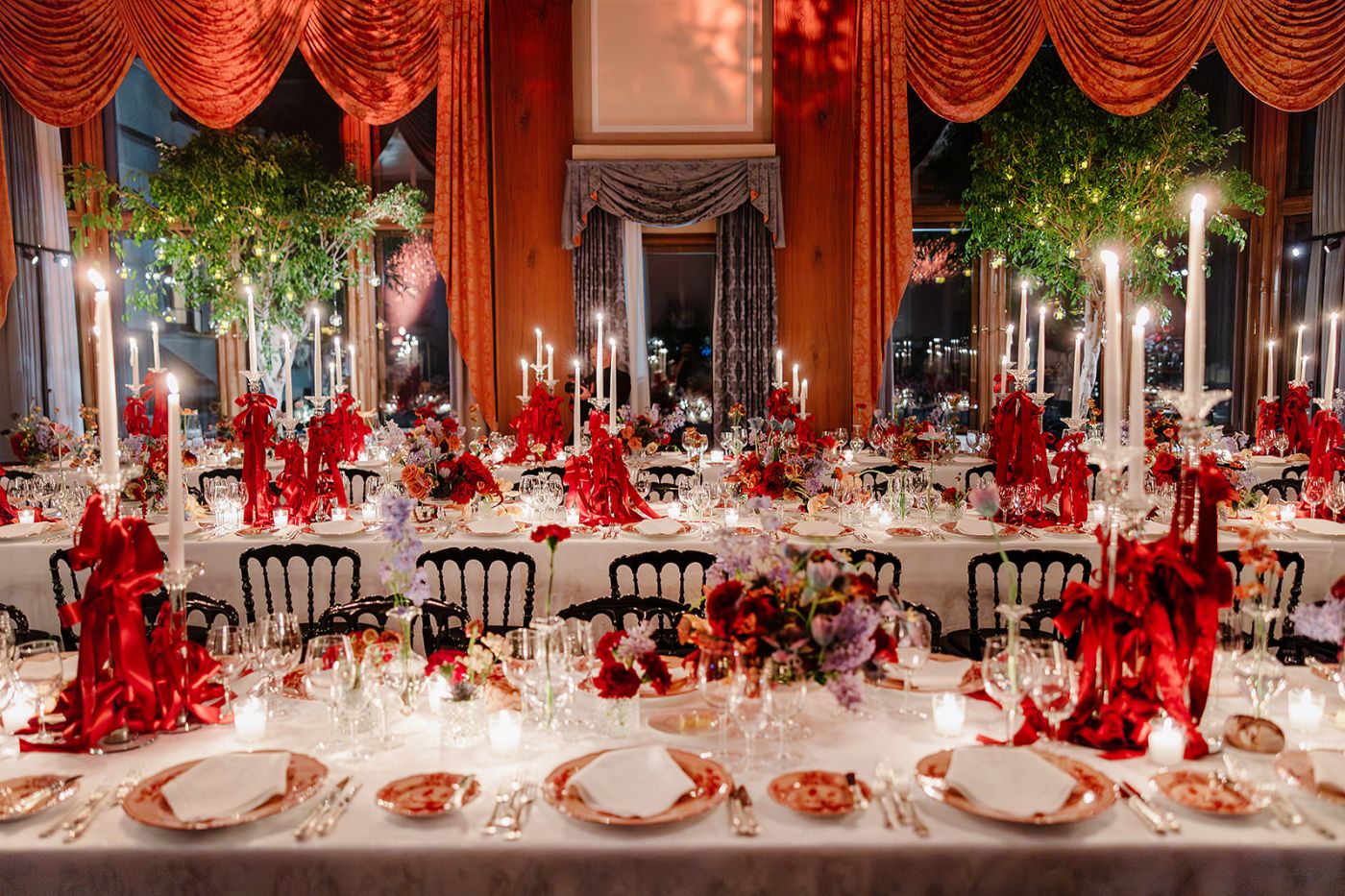 View of the tables with decor at the old world winter wedding in Saint Moritz