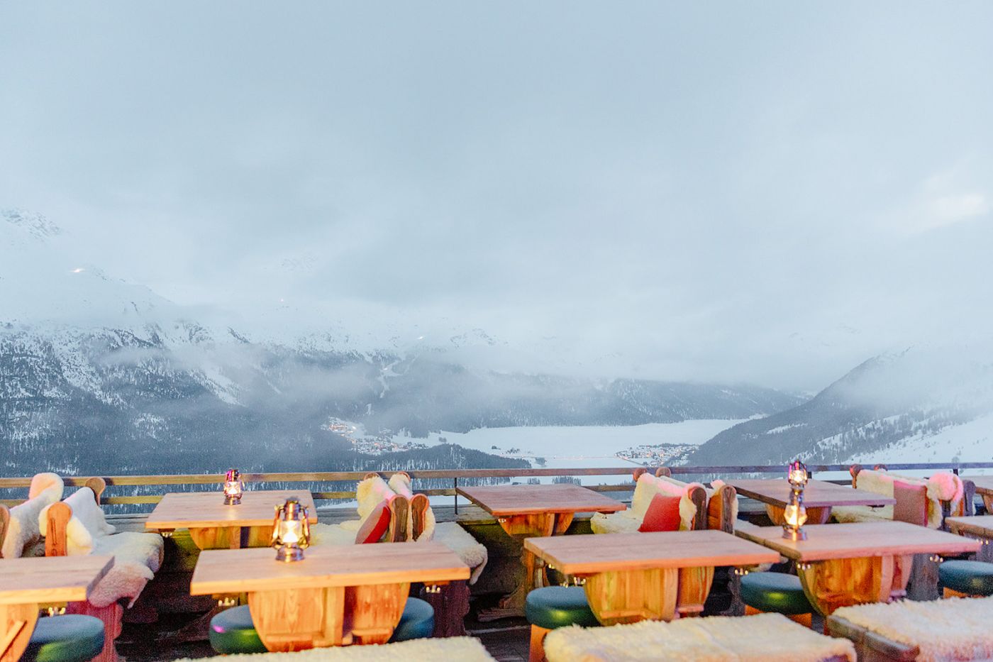 View from the welcome dinner at old world winter wedding in Saint Moritz